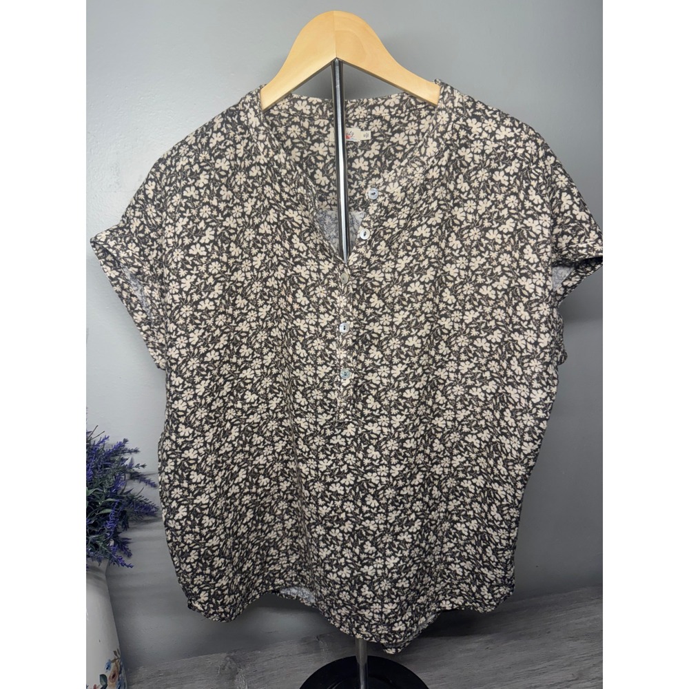 Faherty Women Brown Floral Organic Cotton Henley Blouse Cap Sleeve Size M